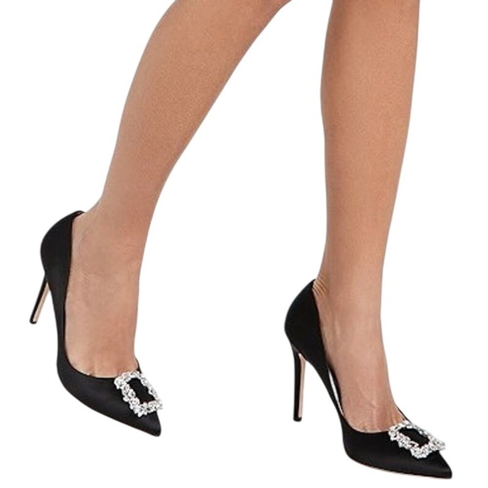 Badgley Mischka Cher Embellished Pump Stiletto Heel Pointed Toe Black Satin 8M